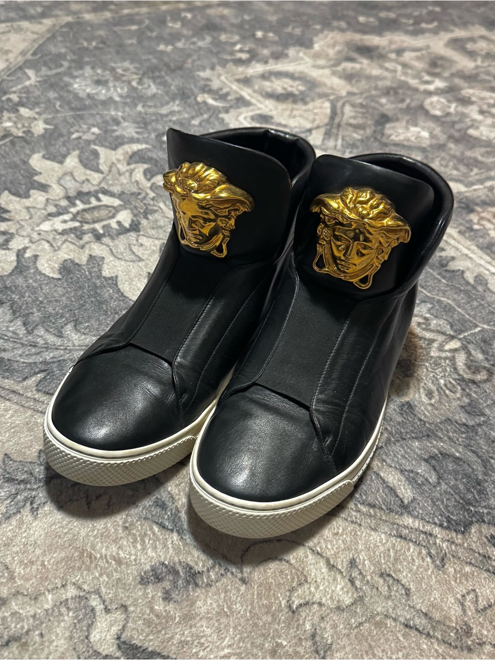 Versace Black Leather High-Top Sneakers with Gold Medusa Plaques and White Soles
